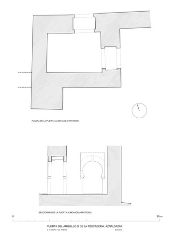 Planta y sección hipotéticas de la puerta almohade de la Pescadería o del Arquillo en Aznalcázar