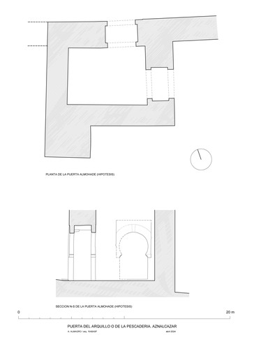 Planta y sección hipotéticas de la puerta almohade de la Pescadería o del Arquillo en Aznalcázar