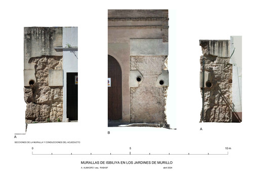 Secciones de la muralla en los Jardines de Murillo mostrando las canalizaciones del acueducto