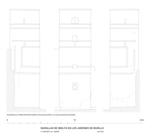 Alzados de la torre de la muralla en los Jardines de Murillo