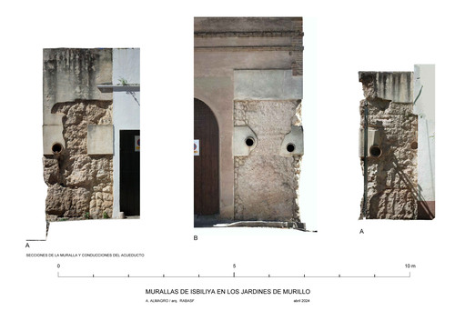 Secciones de la muralla en los jardines de Murillo mostrando las canalizaciones del acueducto