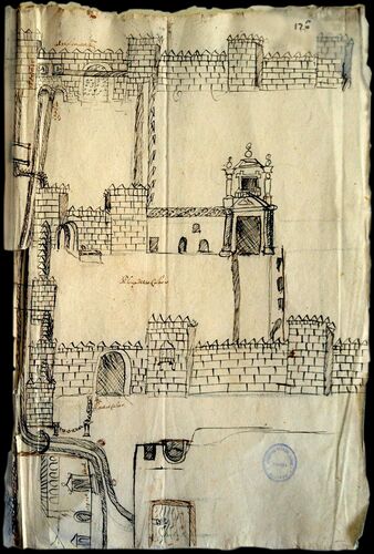 Dibujo de la llegada del acueducto de Sevilla al Alcázar y la Catedral con la puerta del Agua en la parte superior