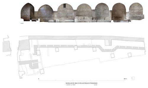 Planta y sección de la muralla de Sevilla en el interior de las Reales Atarazanas