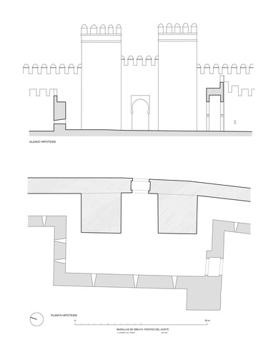 Planta y alzado hipotético del postigo del Aceite del recinto amurallado de Sevilla