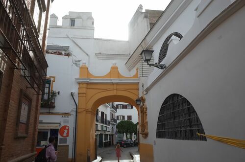 Vista desde el exterior del postigo del Aceite de Sevilla con el muro de cierre de las atarazanas