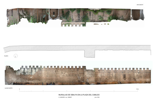 Planta y alzados de la muralla de Sevilla en la Plaza del Cabildo