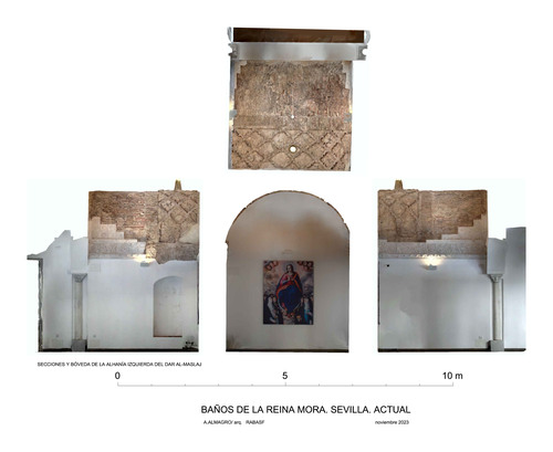 Secciones y planta de la bóveda de la alhanía oriental de la sala de reposo del hammam de la calle Baños de Sevilla
