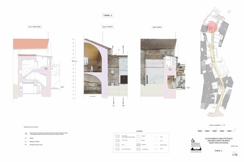 Alzados y secciones de la torre 5 de la segunda cerca islámica de Elvas, tramo de la antigua fábrica de Ameixas