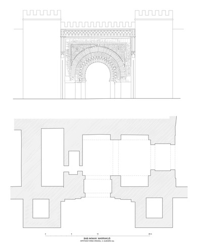 Planta y alzado hipotético de la Bab Aknaw  según los restos arqueológicos