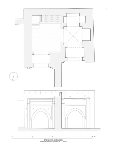 Planta y alzado hipotéticos de la Bāb al-Rubb con acceso al exterior por el arco occidental