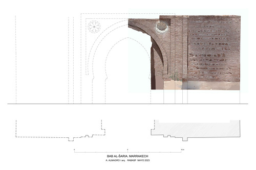 Alzado y planta de la Bāb al-Šarīʿa de Marrakech con ortoimagen